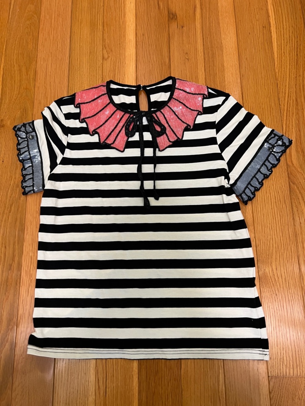Black & White Striped Short Sleeve Top with decorative collar and sleeves